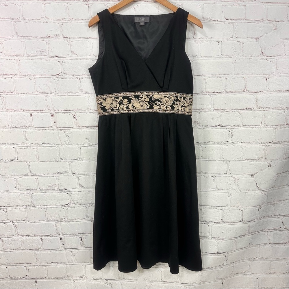 Little black dress Liz Claiborne sleeveless V neck gold embroidered size 10